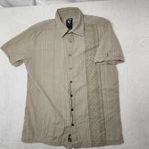 Kuhl Shirt Mens Small Beige Striped Short Sleeve Button-Up Embroidered Casual